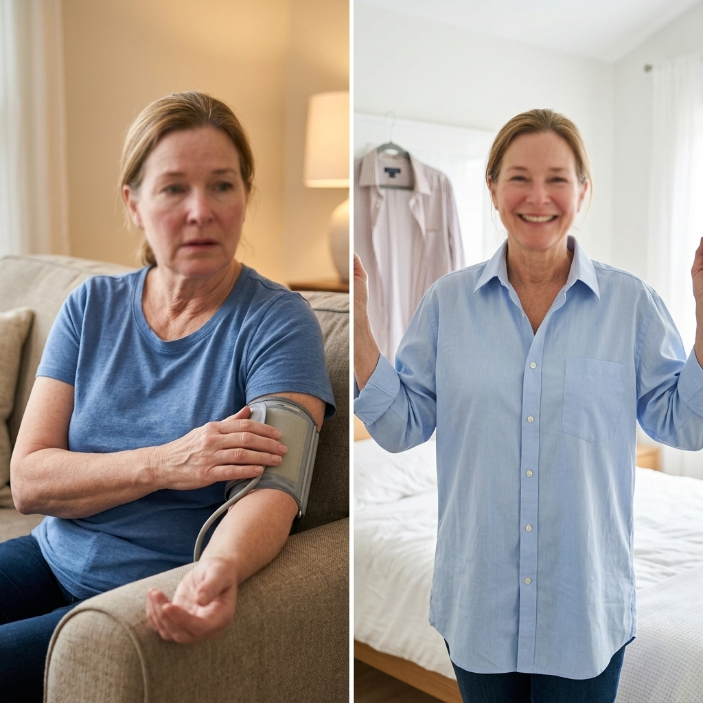 56-year-old woman smiling with her morning cardio wellness tea